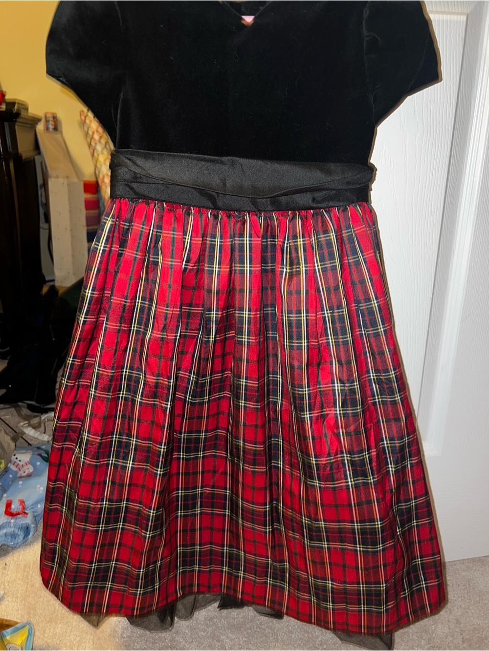 Vintage Laura Ashley black velvet and silk Red Plaid dress